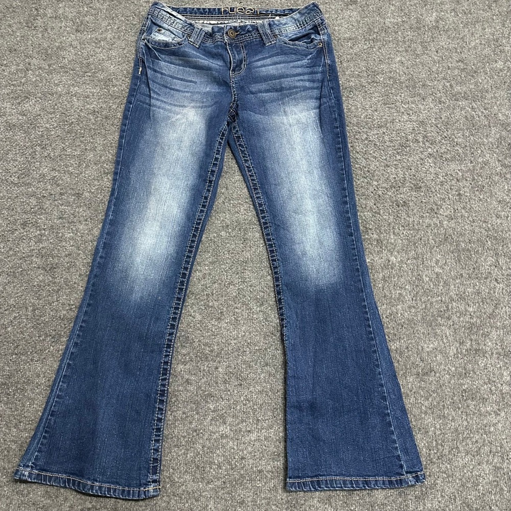 Rue21 Jeans Womens Size 7/8 Blue Flare Stretch Embroidered Flap Pocket Denim